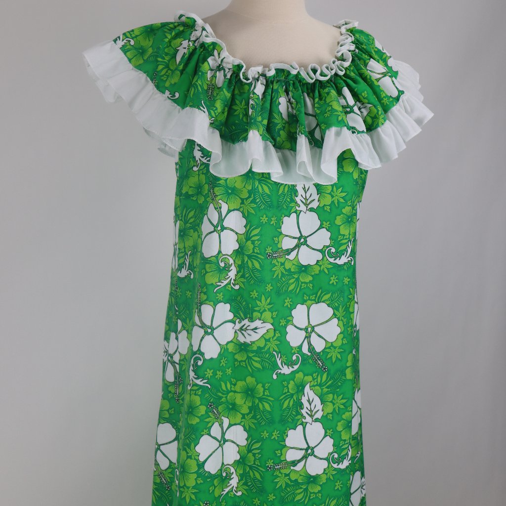 Vintage Tropical Floral Hawaiian Green Ruffled Long Train Dress Gown Resort